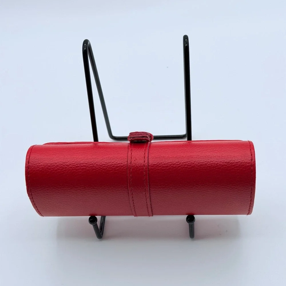 Red Faux Leather Jewely Roll Hard Shell Travel Organizer Case Velvet Interior
